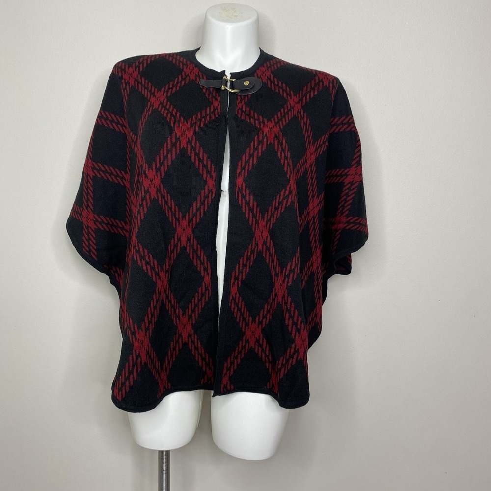 Anne Klein Small Black Red Plaid Poncho Cape Faux Leather Buckle pressure Detail